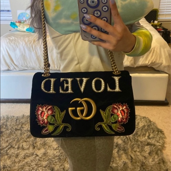 Sold Gucci Marmont Med “Loved” Black Velvet - Picture 2 of 16